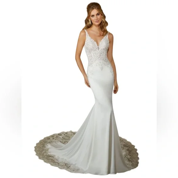 Mori Lee | Dresses | New Morilee 272 Raya Lace Train Sheer Bodice Wlace Overlay  Wedding Dress 4 | Poshmark